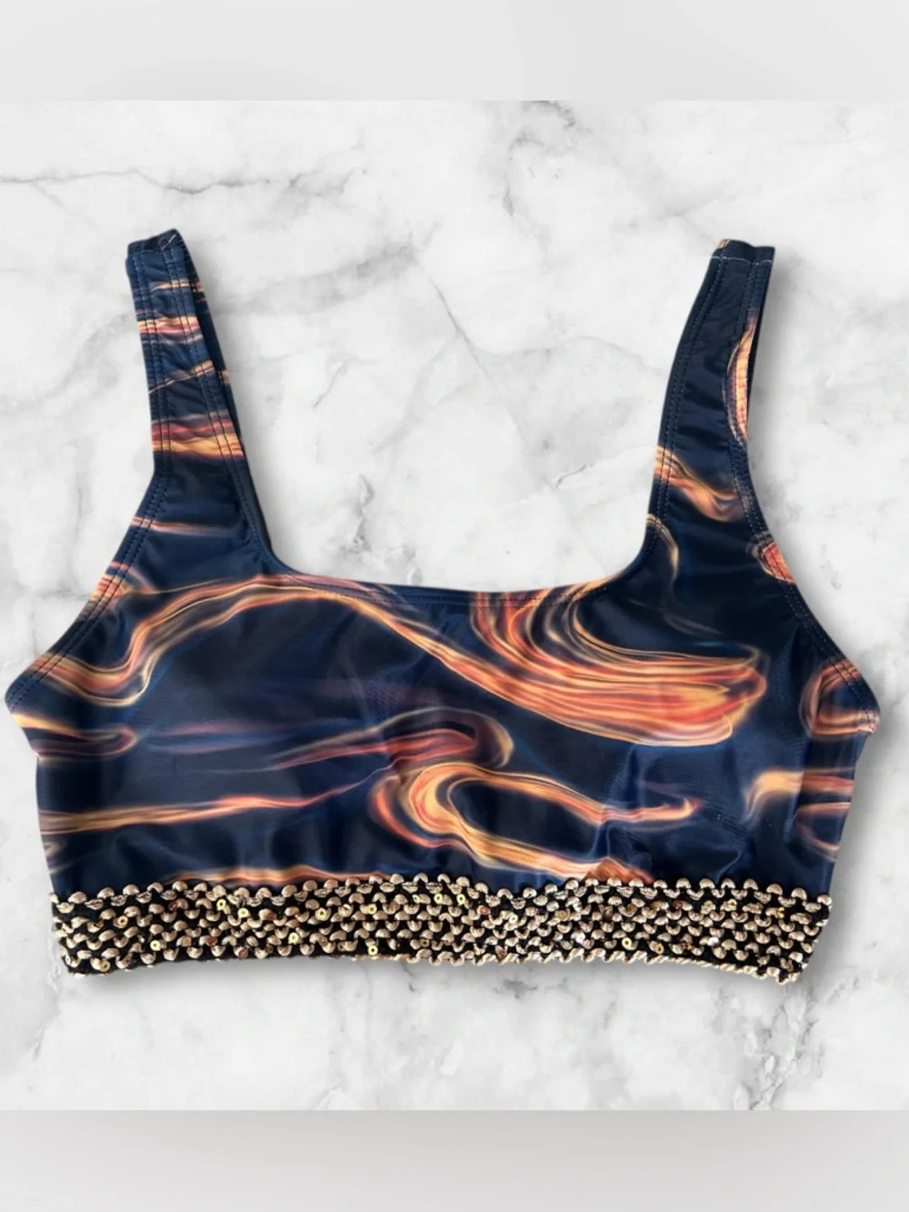 NWOT 2Pc Swimsuit Bikini Navy Orange Swirl Textured Gold Sequin Trim Size M - Picture 3 of 12